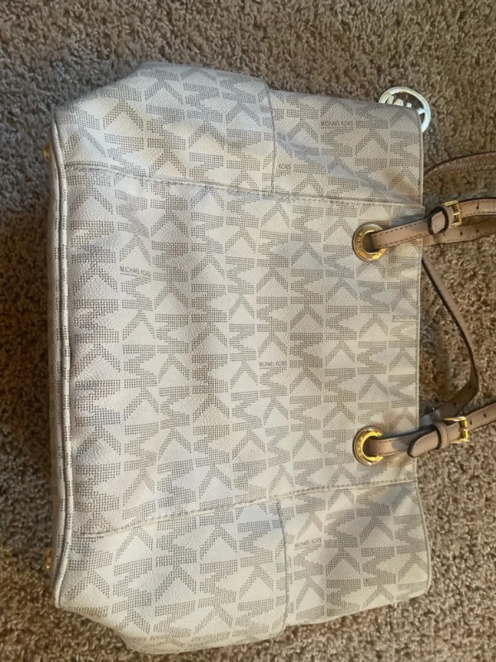 MICHAEL Michael Kors Cream MK Logo Tote with Tan Leather Straps
